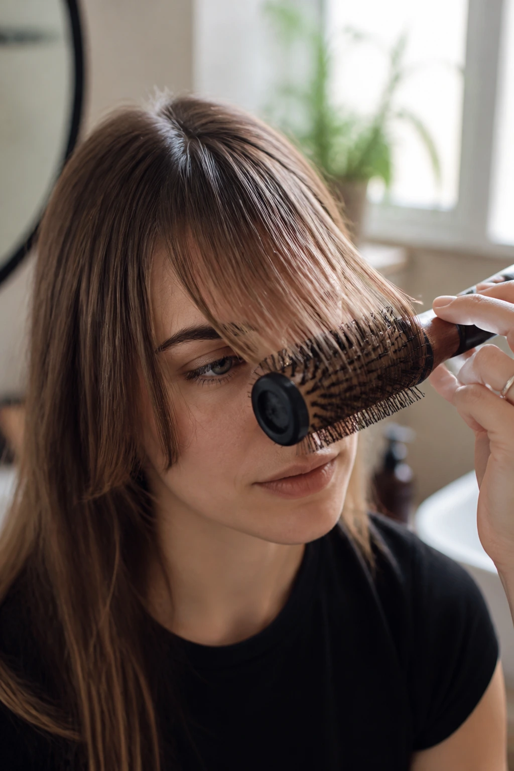 Close-up of a real person's fringe being shaped with a round brush in warm light