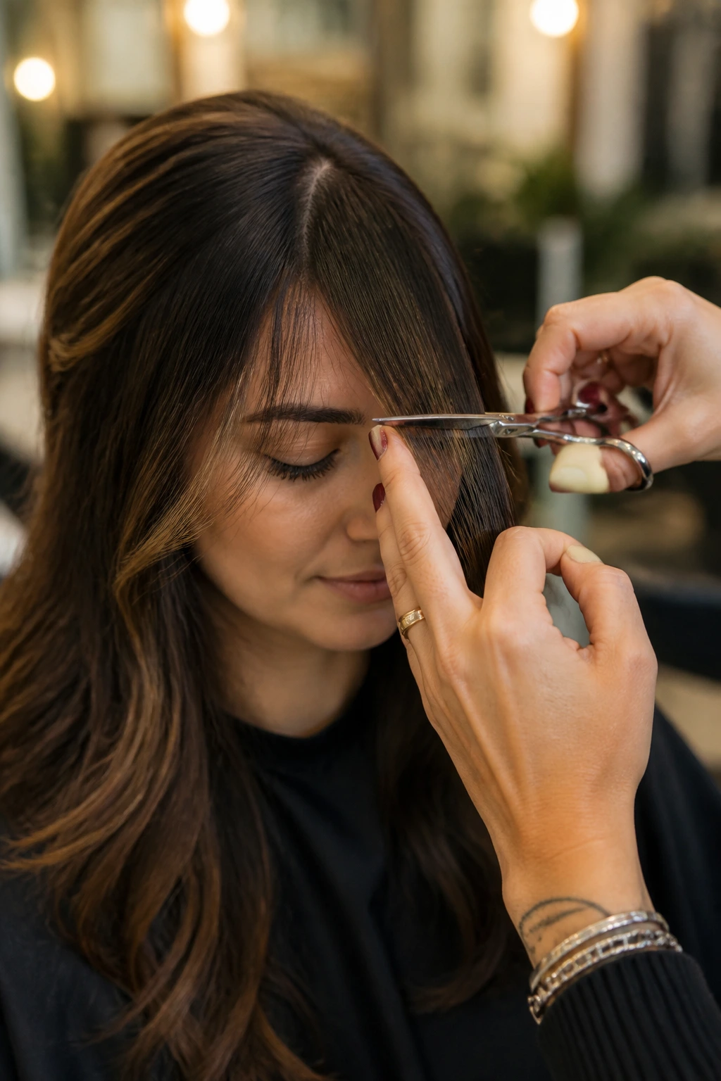 Close-up of fringe trimming in a salon setting.