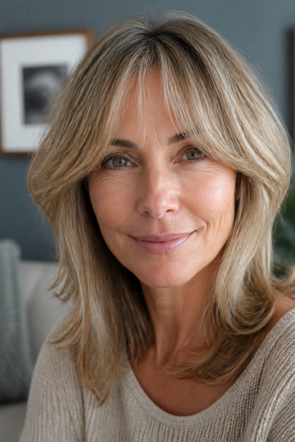 Close-up of curtain bangs showing personalized tweaks for flattering framing.