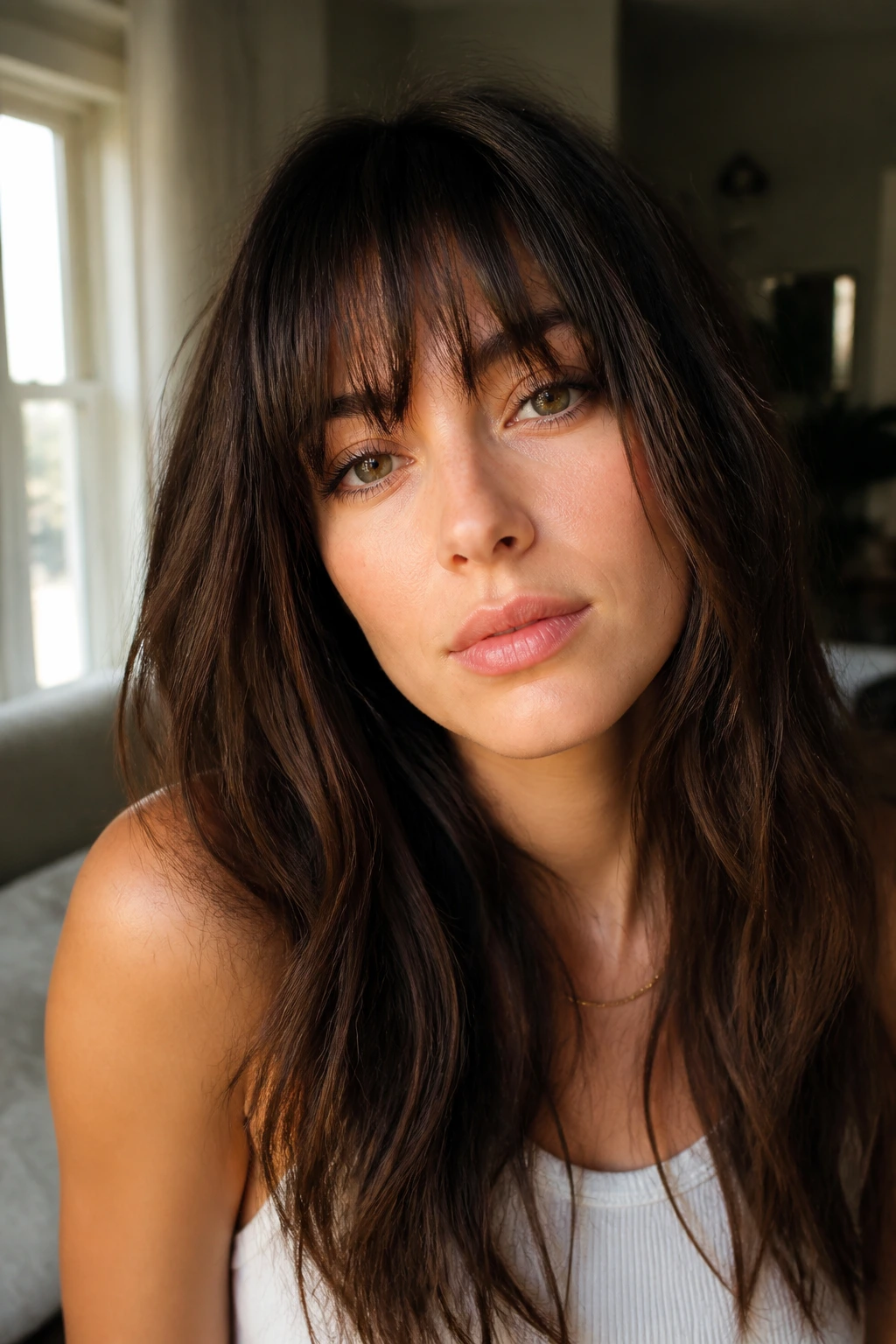 Close-up of a real woman with tousled French fringe with uneven tips in natural window light.