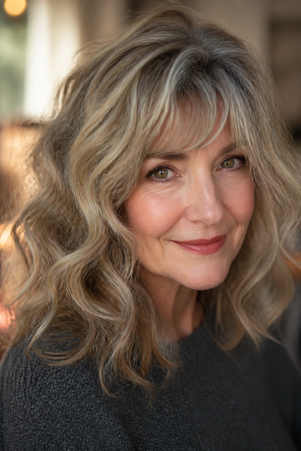 Portrait of a woman over 50 showing hairstyle variations with fringe and crown lift.