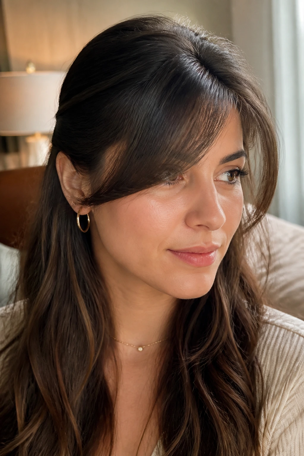 Woman with grown-out fringe pinned back for a variation