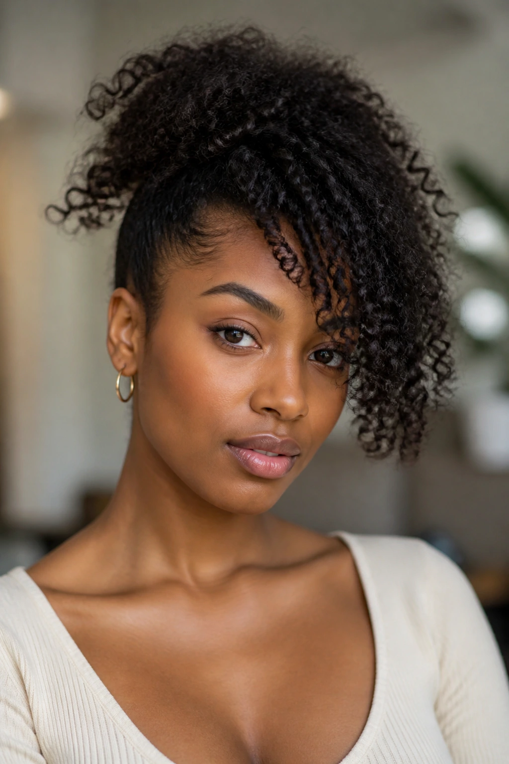 Close-up of real person with asymmetrical fringe length