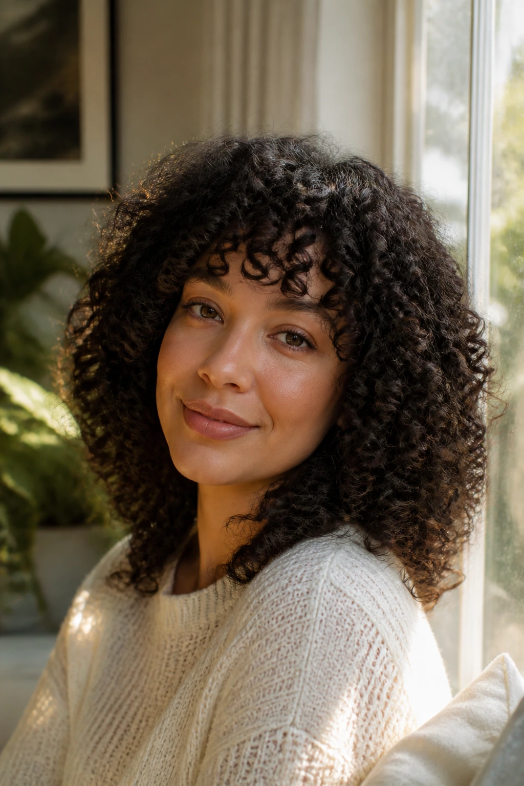 Close-up of a real woman with a rounded halo fringe on dense curls