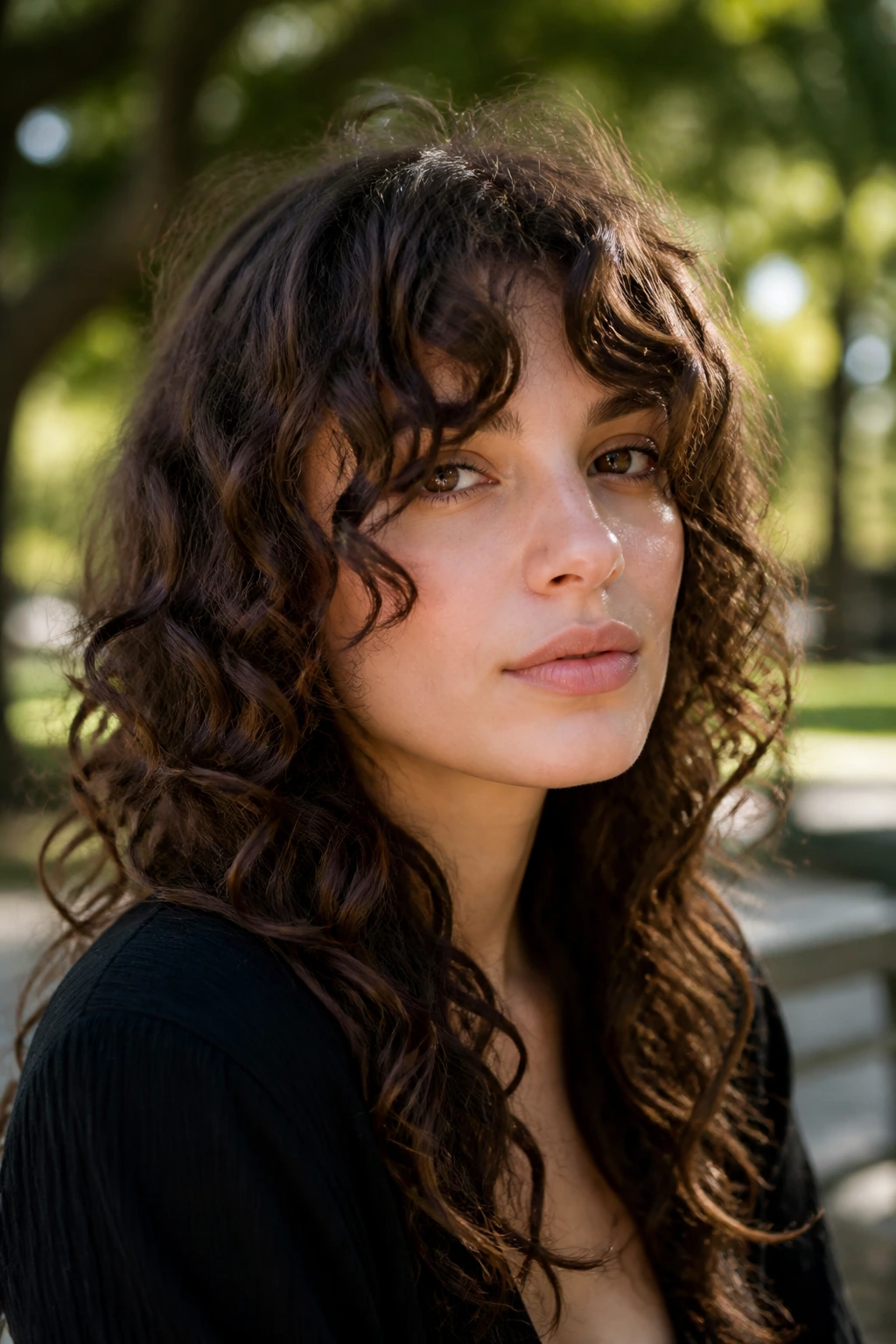 Real woman with curly fringe curling around the cheeks in bright park light