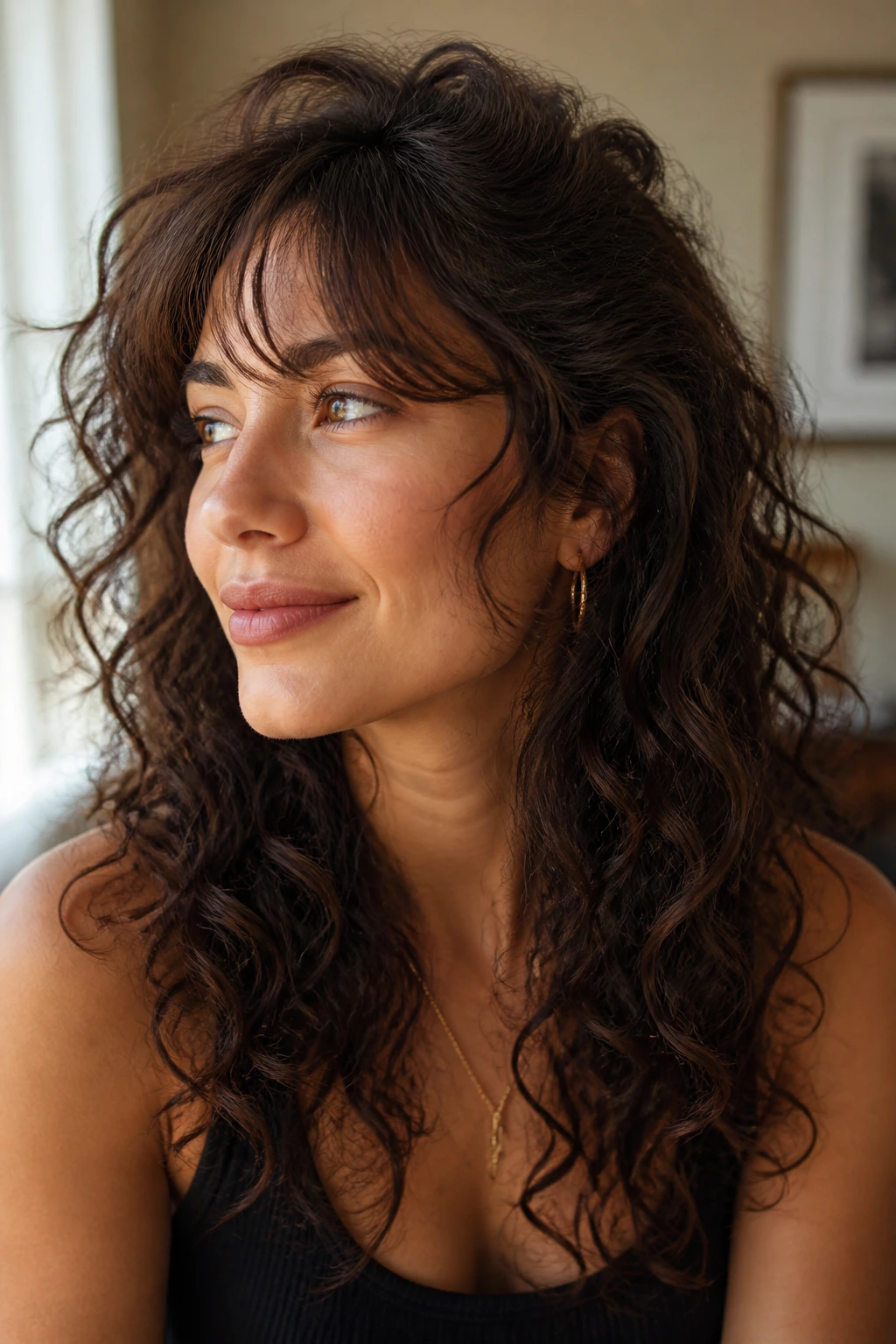 Close-up of a curly fringe showing versatile variation options on a real person.