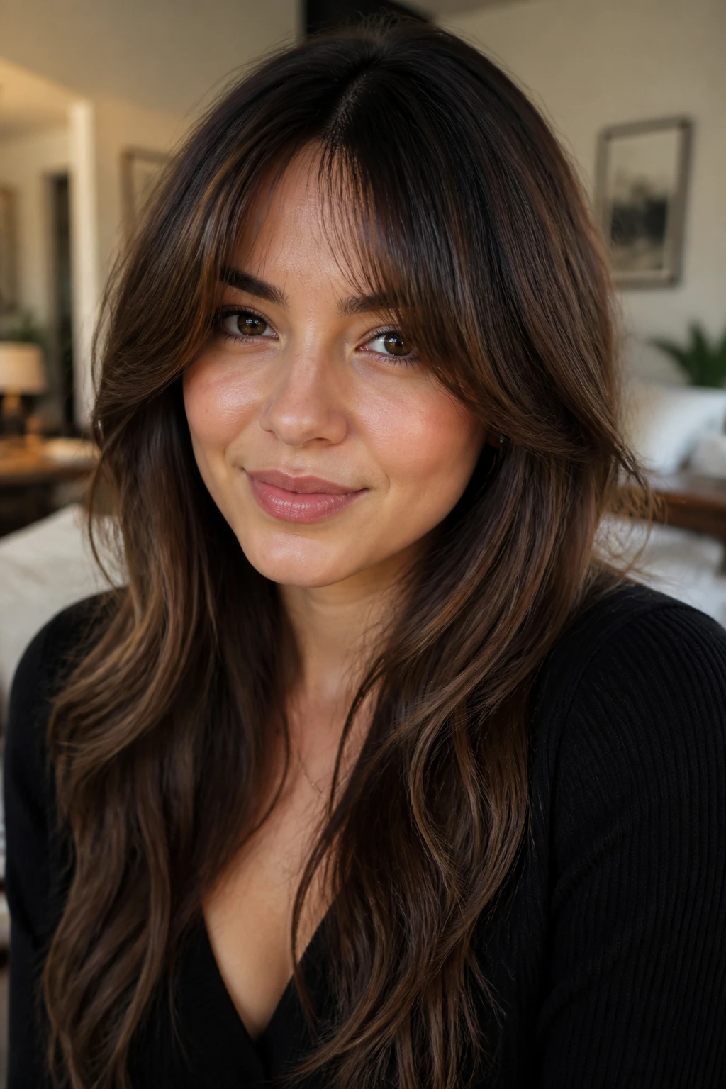 Portrait of a woman with a soft curtain fringe in a cozy living room.