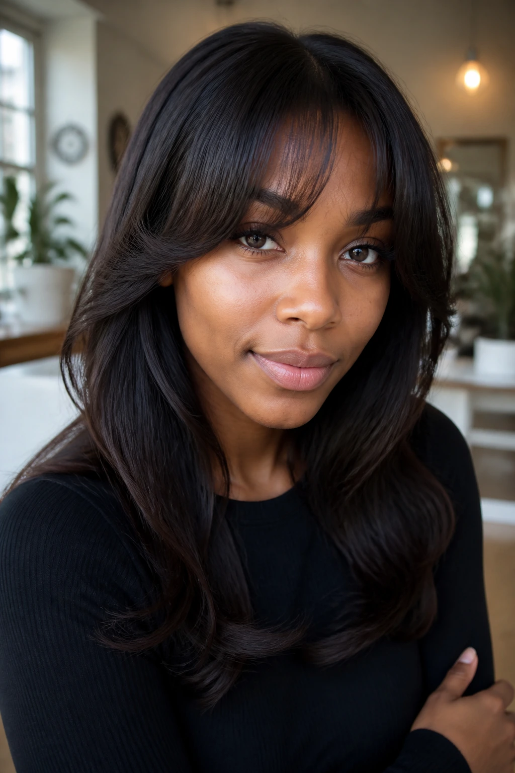 Portrait showing fringe variations with soft curtain bangs