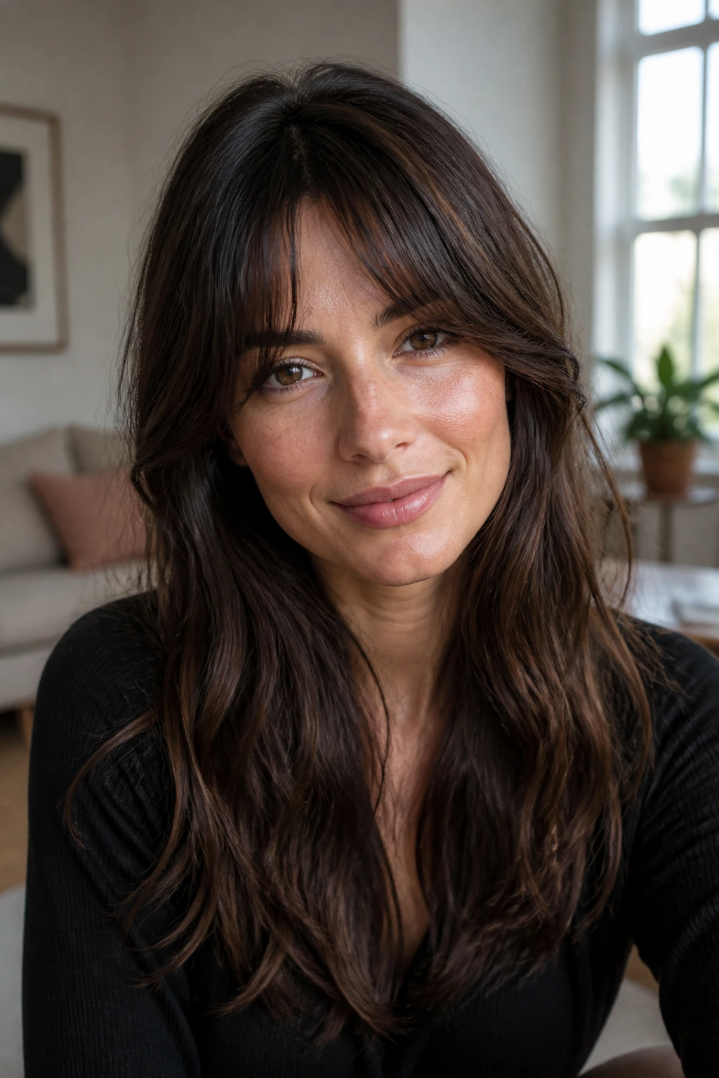 Close-up of a real woman showing a curtain fringe variation on a heart-shaped face