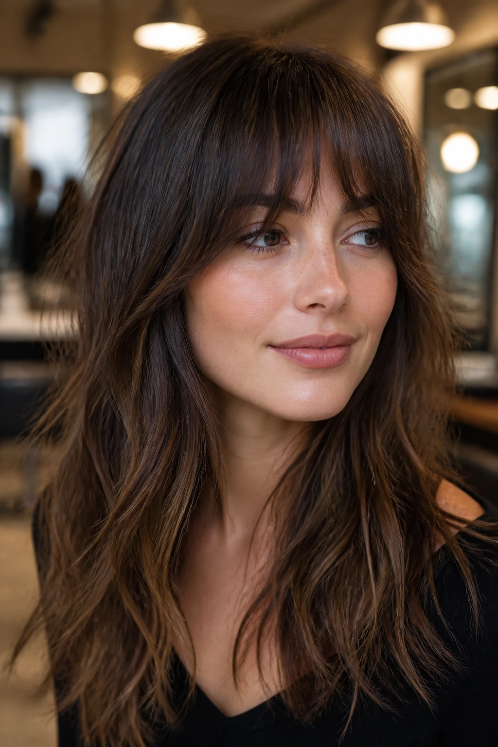 Portrait of a woman with feathered choppy fringe variations