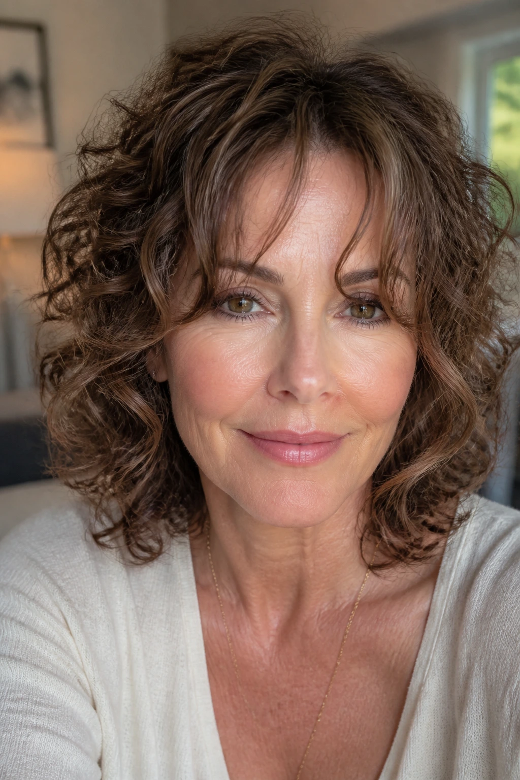 Real woman with fringe variation in a bright home setting
