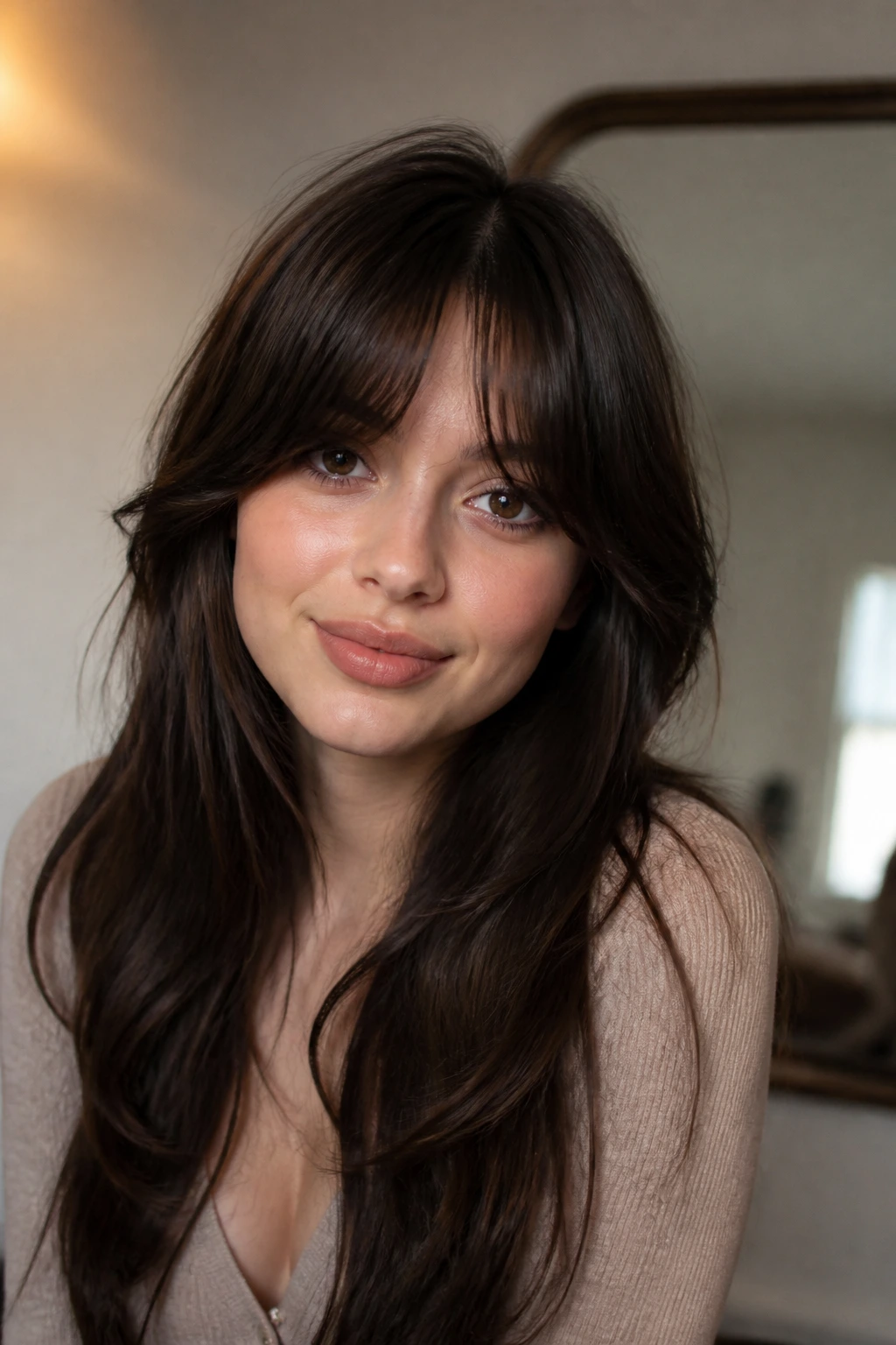 Close-up of a real woman's fringe showing center-longer, heavier sides variation to tame cowlicks