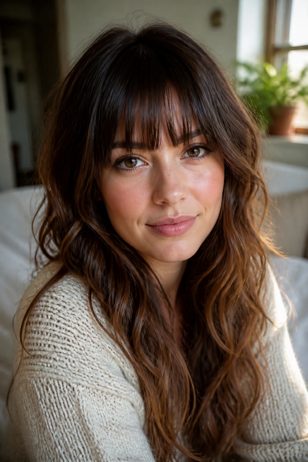 Close-up of a woman with lash-graze fringe variation below the brows