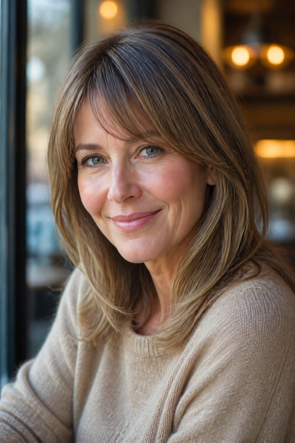 Portrait of a woman with off-center curtain fringe in a warm cafe window setting