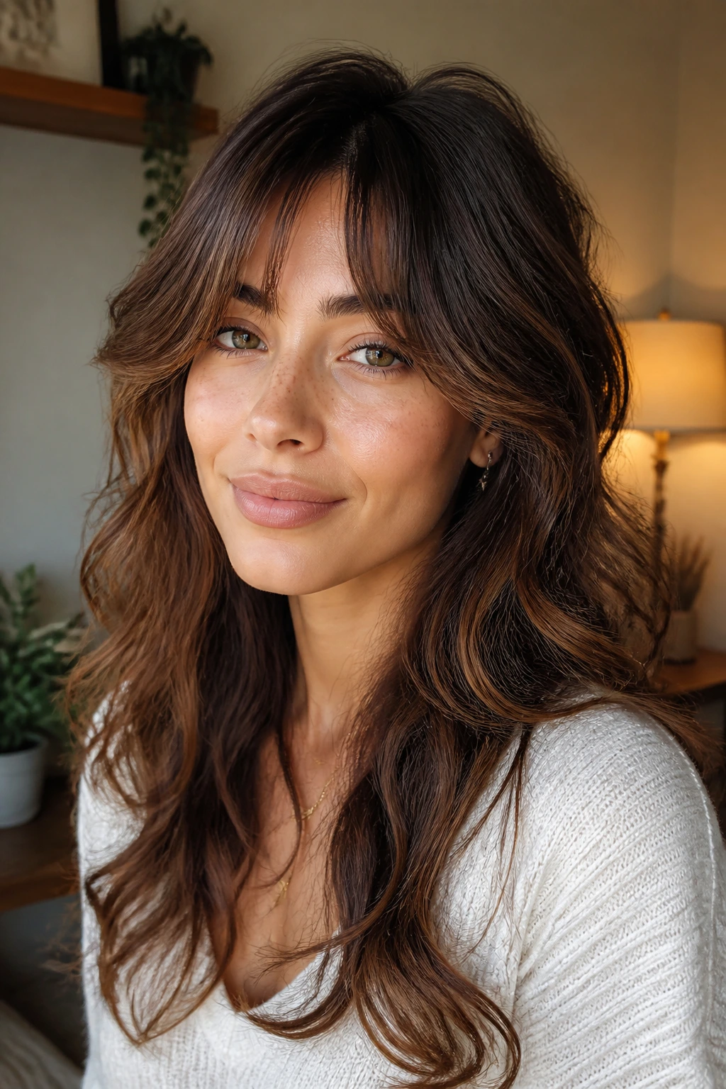 Real woman with textured fringe variations such as curtain bangs or shag blend.