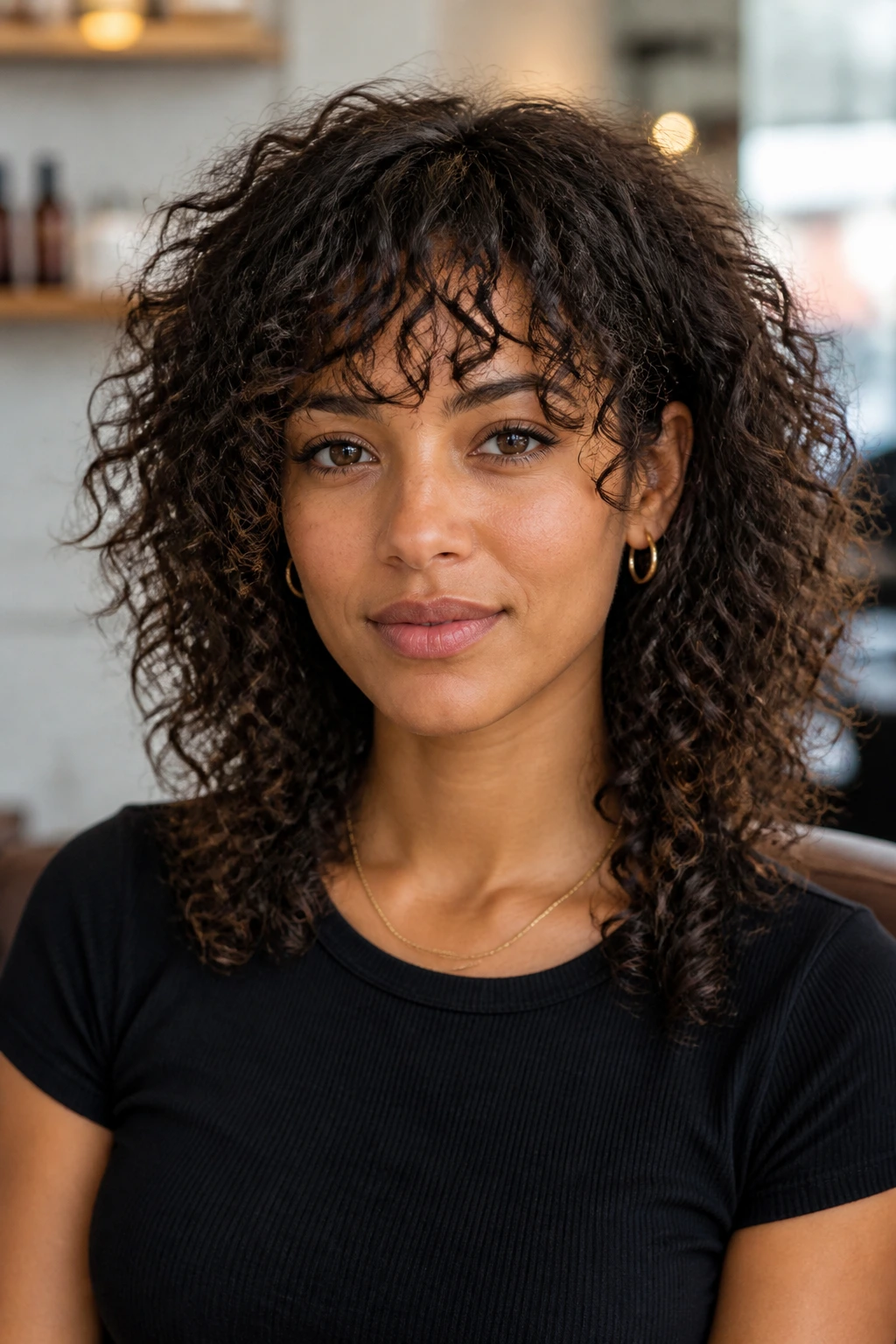 Close-up portrait of a real woman with varied fringe lengths along the front in a warm salon setting