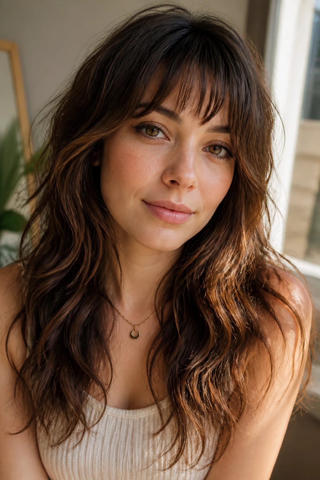 Close-up of a real woman's fringe with varied lengths across the forehead.