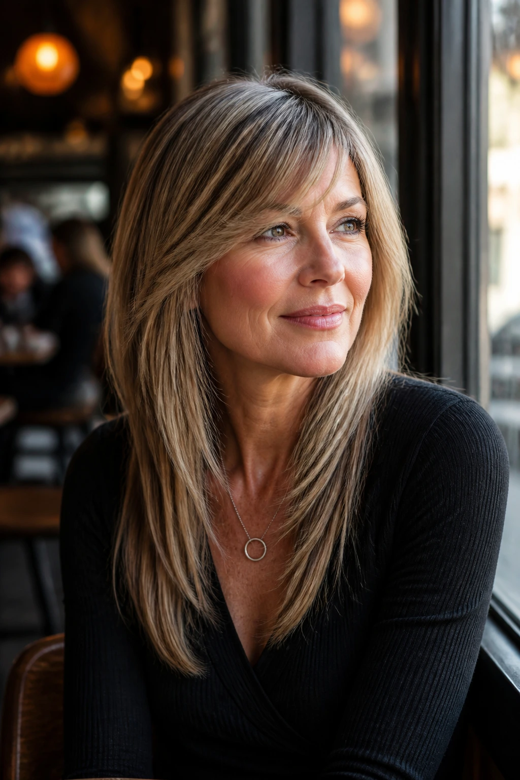 Real woman with a soft side-part fringe variation in a cafe setting