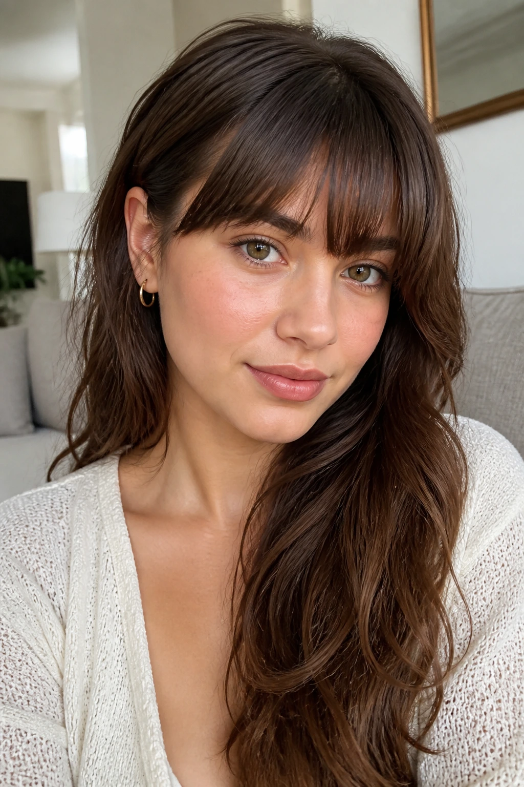 Close-up of a real woman with full fringe and tucked-behind-ear waves