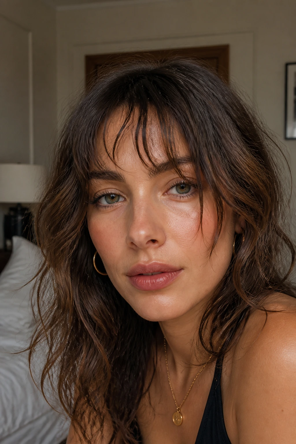 Close-up of a real woman with piecey air-dried fringe and separated wisps.