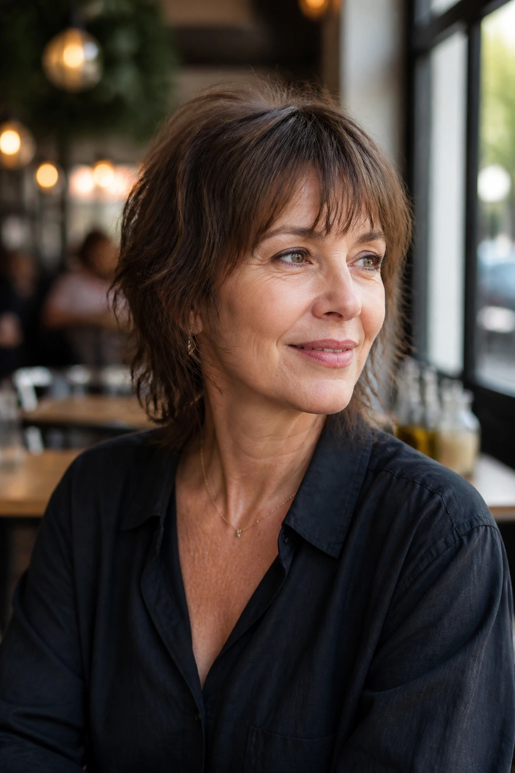 Close-up of a woman with a French shag and wispy fringe