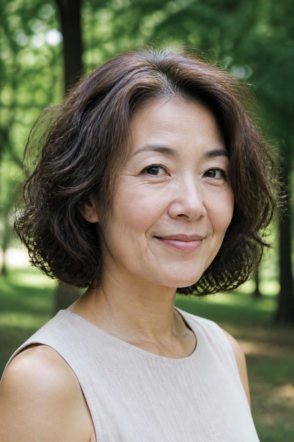 Real woman with frizz-friendly lob showing controlled halo in humid outdoor setting
