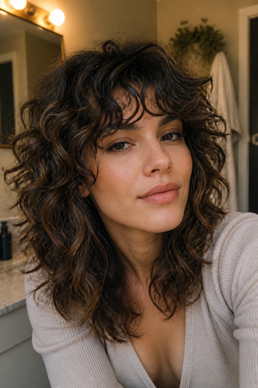 Close-up of a real person with frizz-friendly layered shag and soft mocha lights