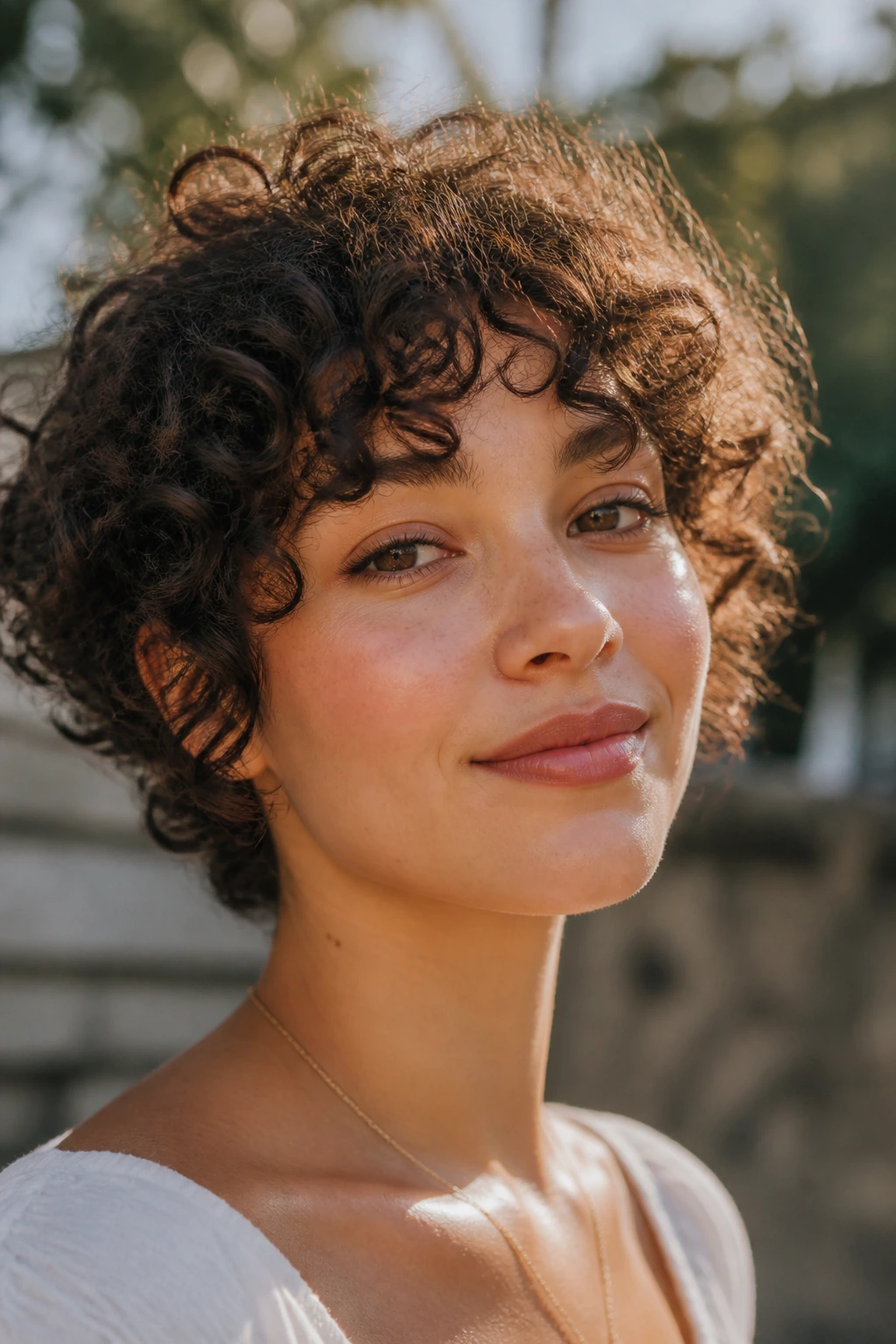 Close-up of a real woman with curly crop and curtain bangs outdoors in golden hour
