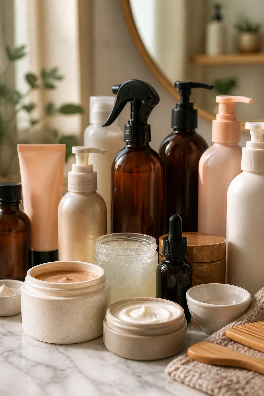Unlabelled hair care bottles on bathroom counter for frizzy curls