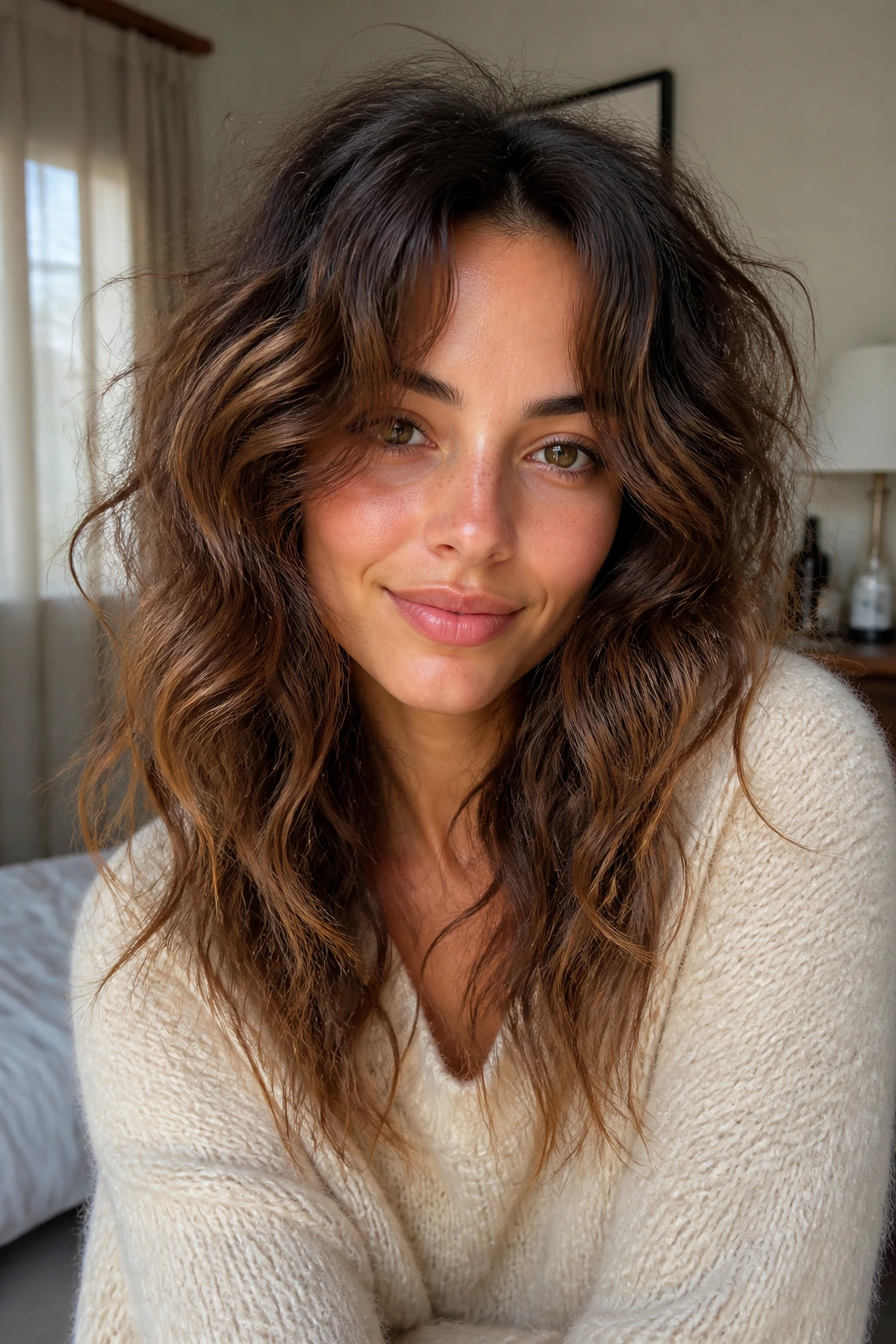 Portrait showing waves flattering a heart-shaped face with frizzy hair.