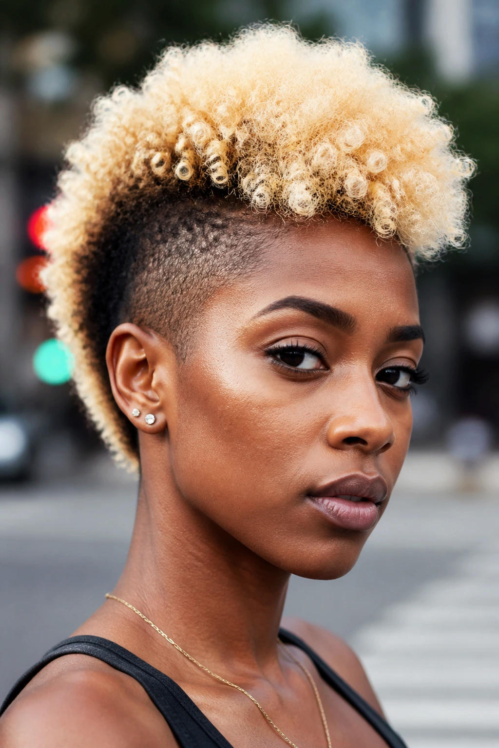 Close-up of a woman with a bright blonde frohawk hairstyle.