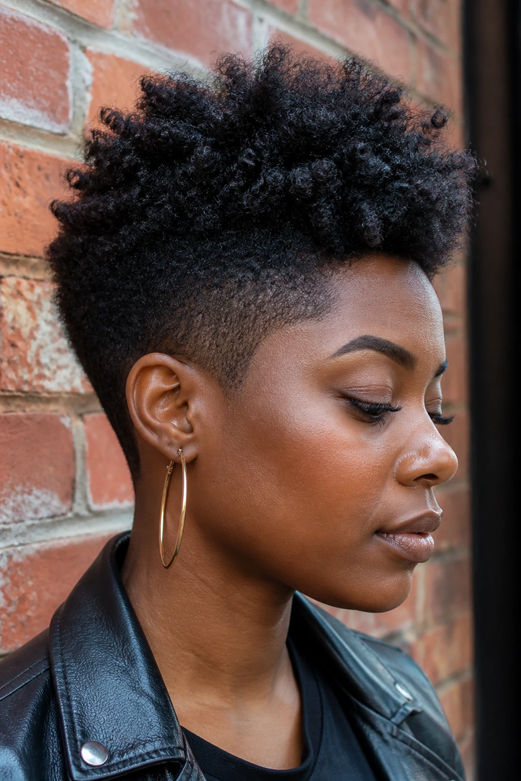 Real woman with frohawk hairstyle featuring a full center ridge and faded sides.