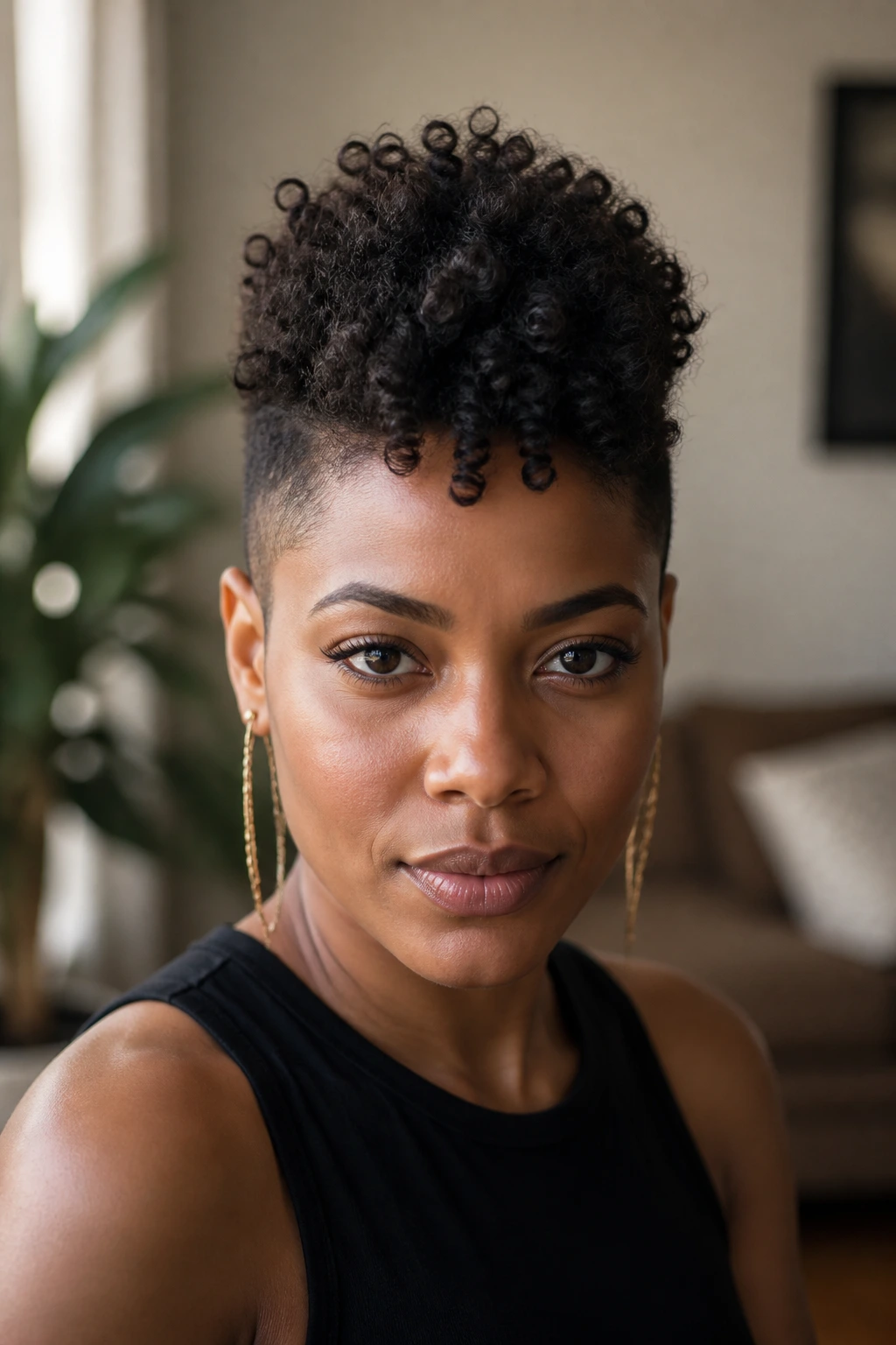 Front portrait of a real woman with a center frohawk and tapered sides