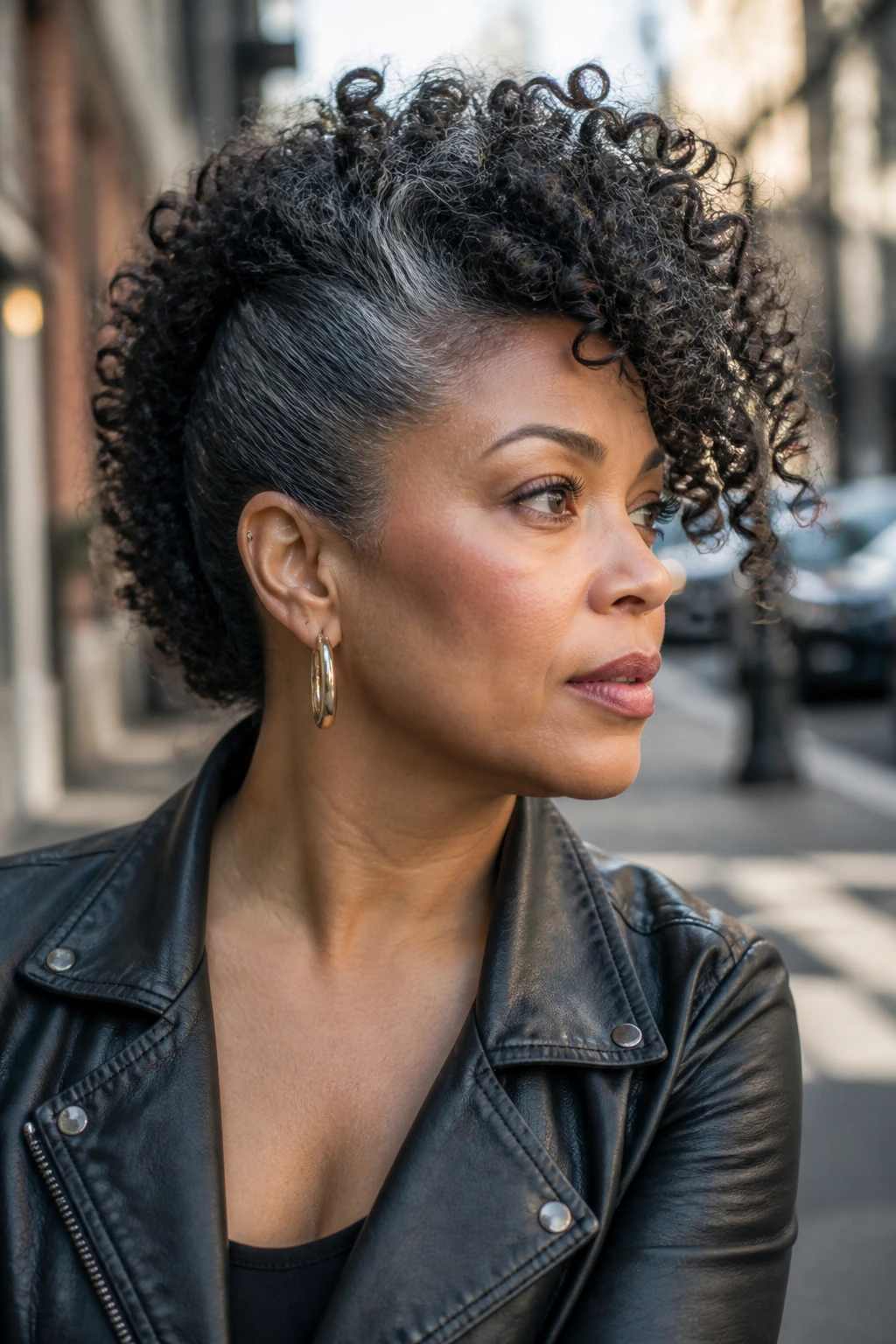 Three-quarter portrait of a real person with a side-swept curly frohawk