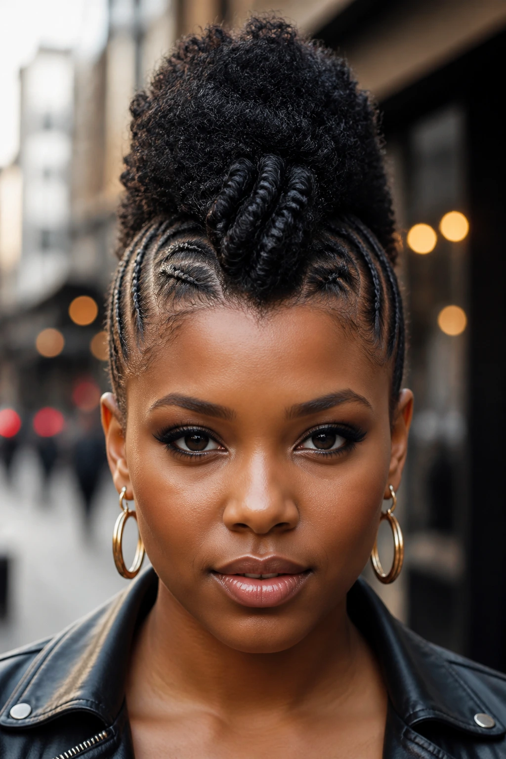 Close-up portrait of a real Black person with a center frohawk and flat twists