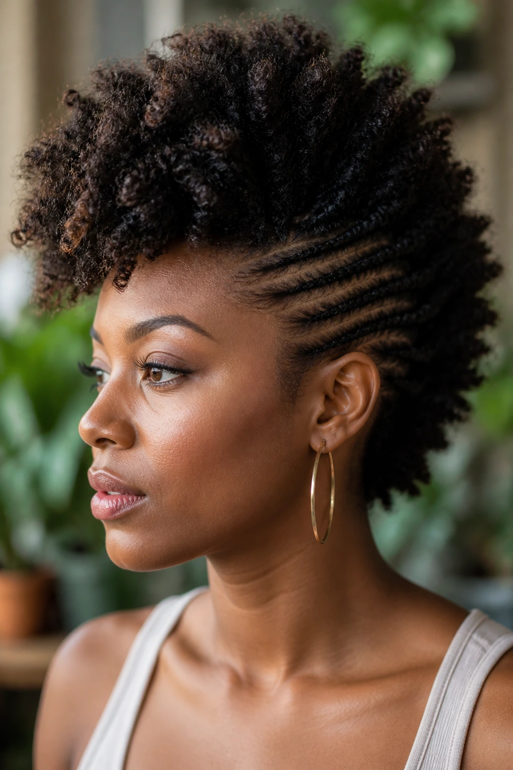 Close-up portrait of a Black woman with a frohawk featuring layered sides and a tall center ridge