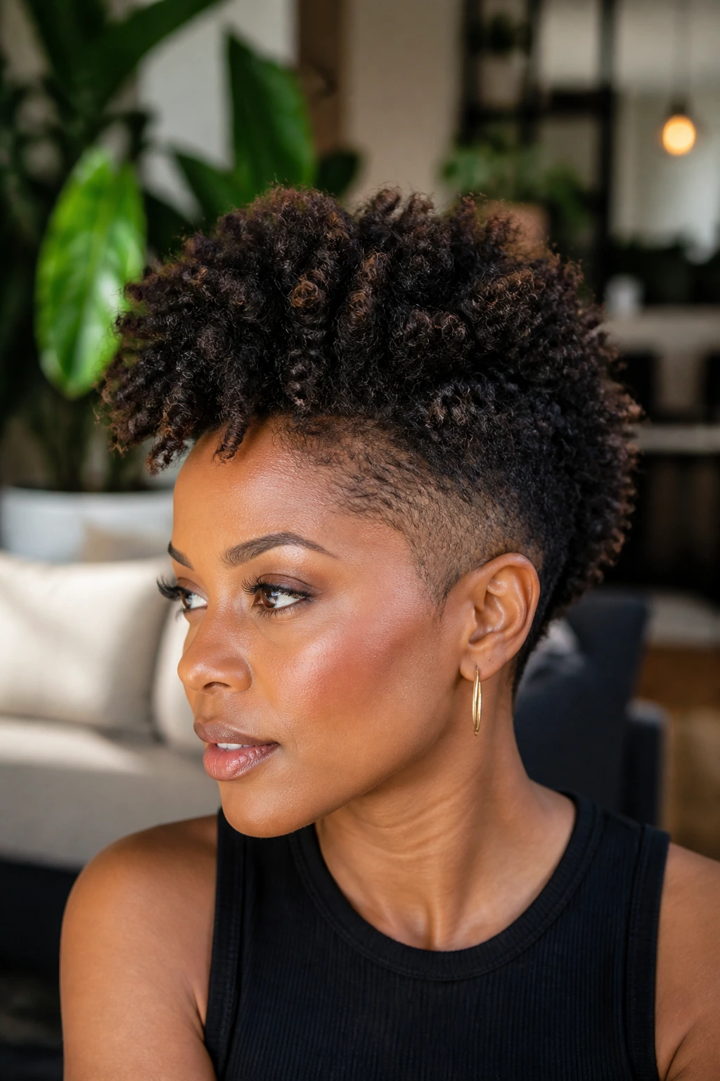 Close-up of a real person with a frohawk and layered sides.