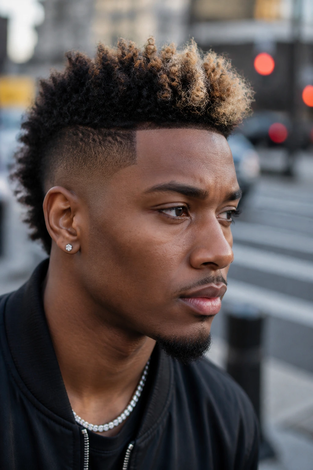Close-up portrait of a real Black man with frohawk and lightened front tips