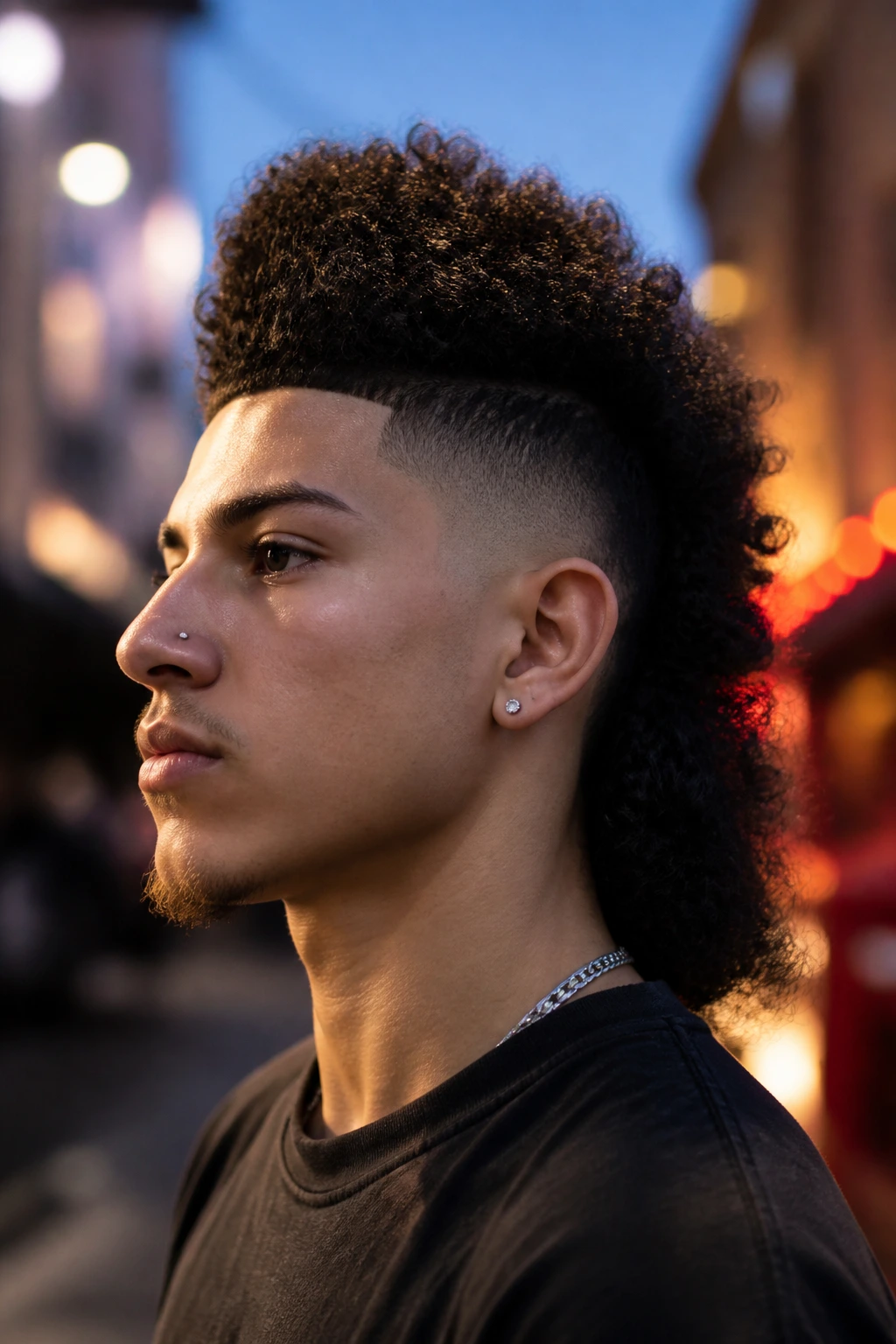 Bold frohawk mullet with fade on a real person in a city setting.