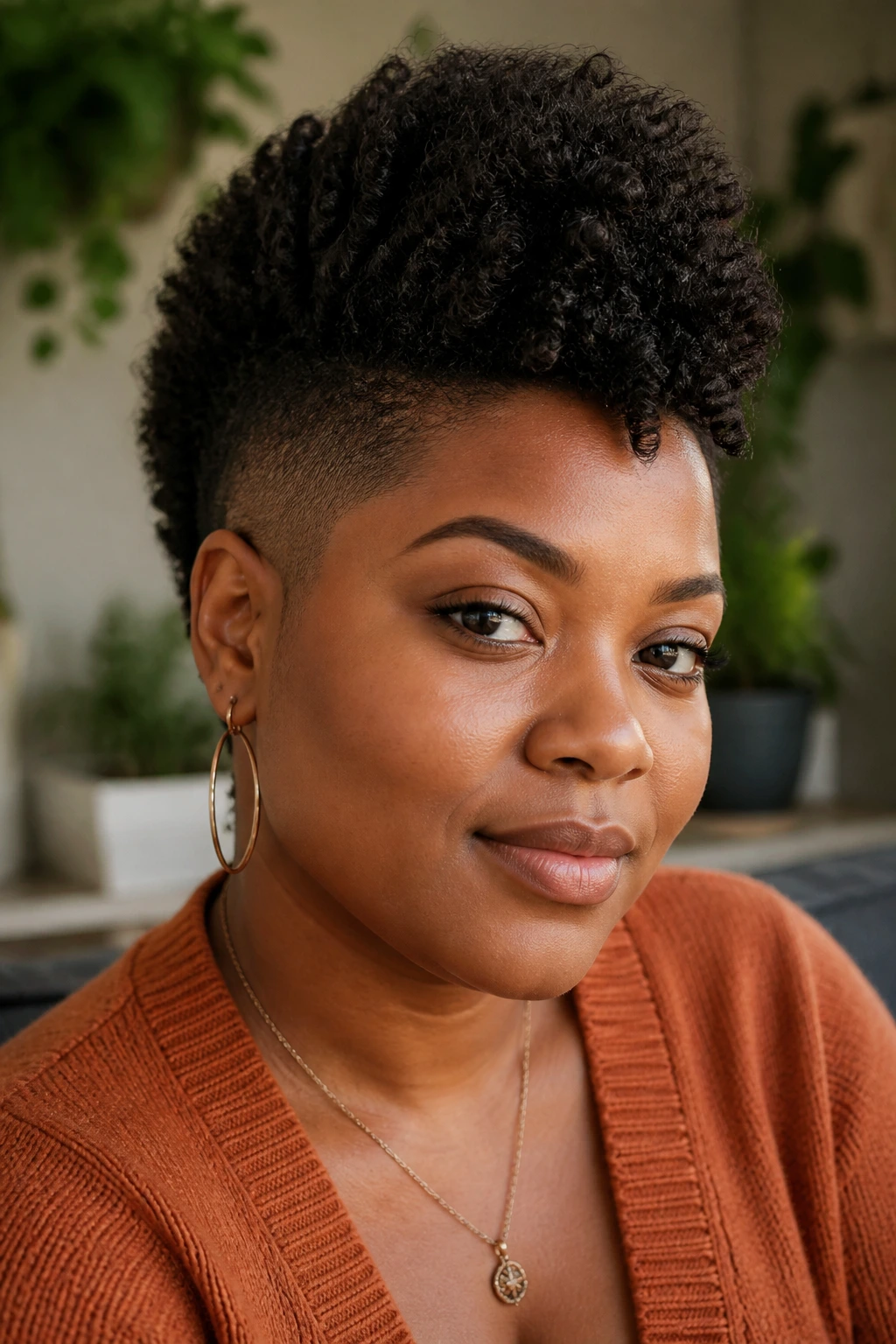 Close-up portrait of a real person with a tapered frohawk featuring a center curl ridge and tapered sides.