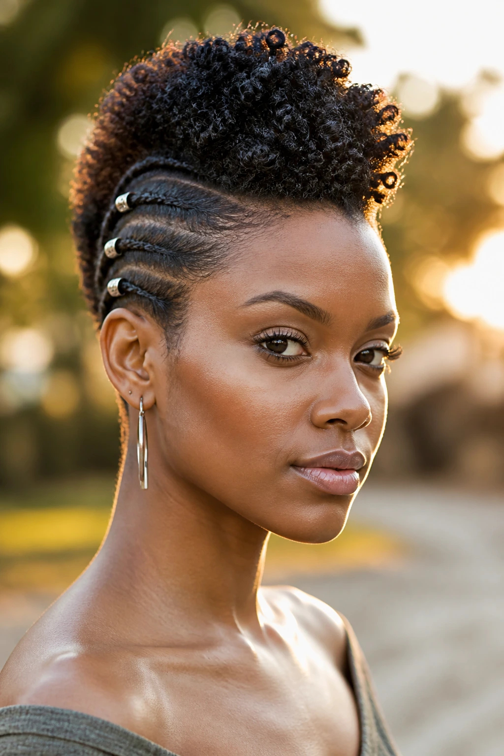 Portrait of a real person with a bold frohawk and pinned sides.