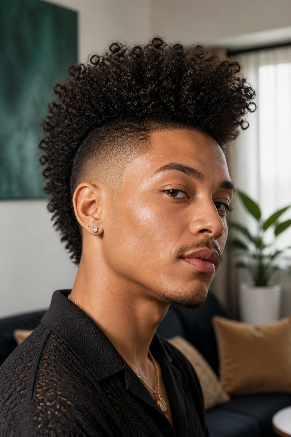 Close-up portrait of a real person with a frohawk and soft tapered sides.