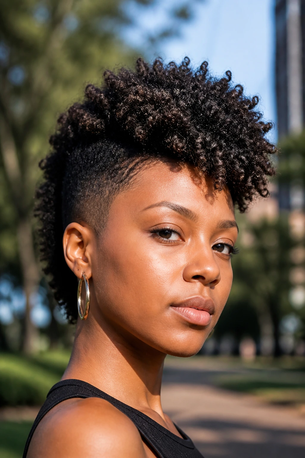 Close-up portrait of a Black person with a curly frohawk and tapered sides