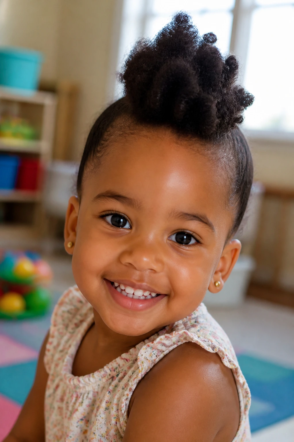 Toddler frohawk hairstyle with tucked sides in bright room
