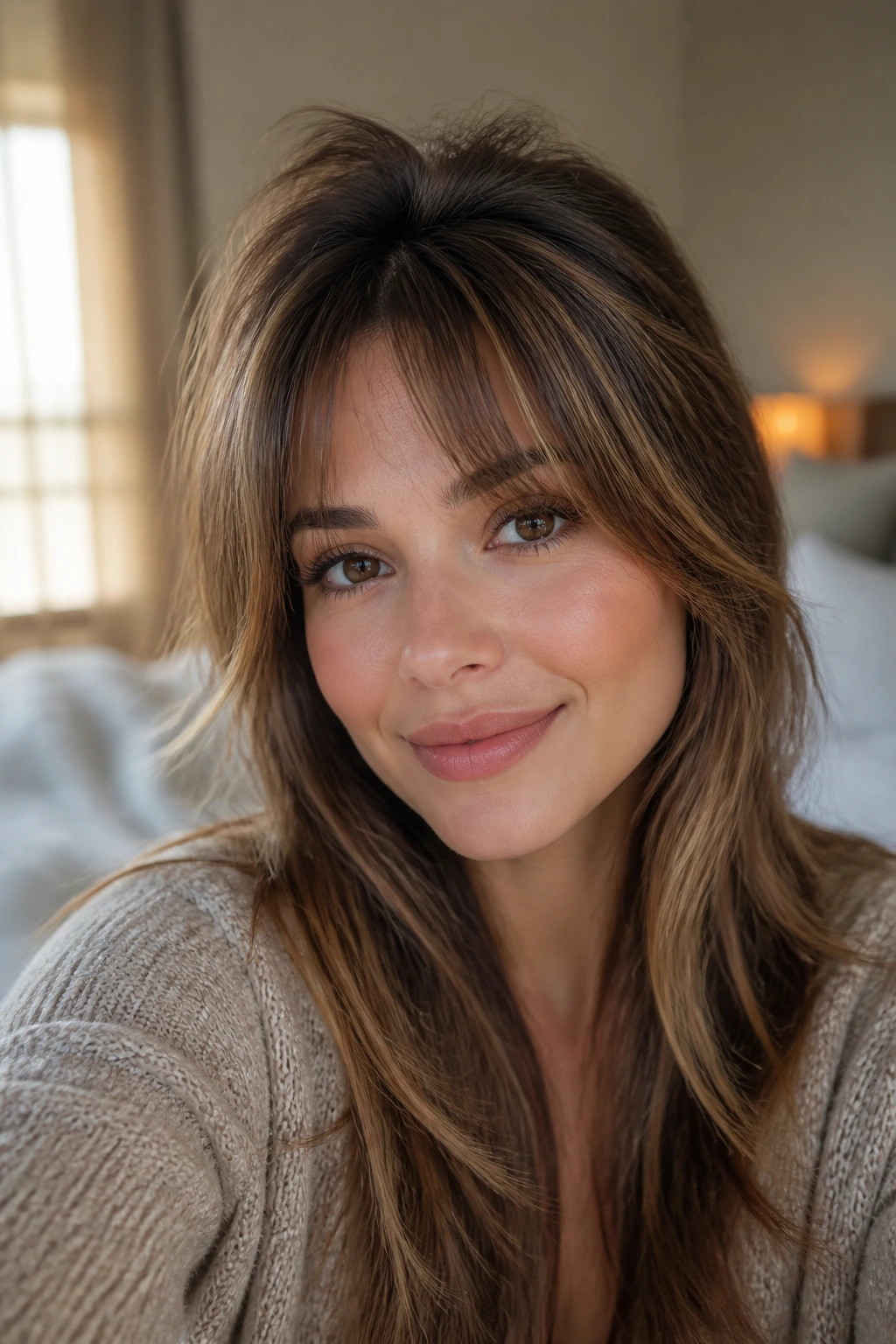 Close-up of a woman with front bangs lifted at the roots in a cozy bedroom with natural light