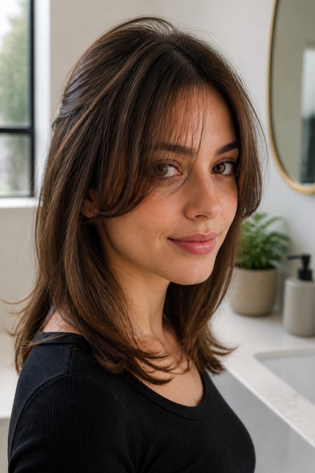 Close-up of a real woman with styled front bangs lifted at roots
