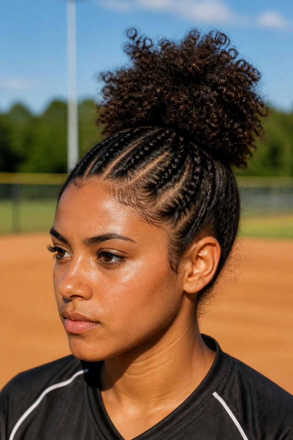 Close-up of a player with small front braids and a high puff on a softball field