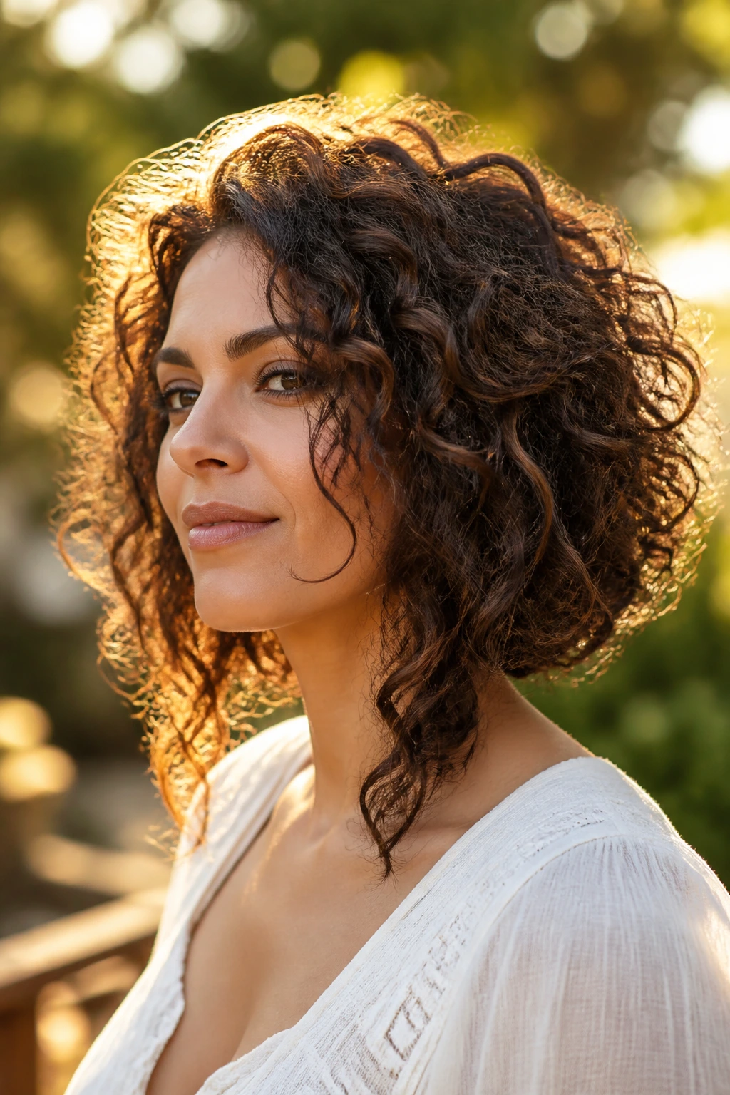 Medium close-up of a real woman with elongated front corners in curly hair.