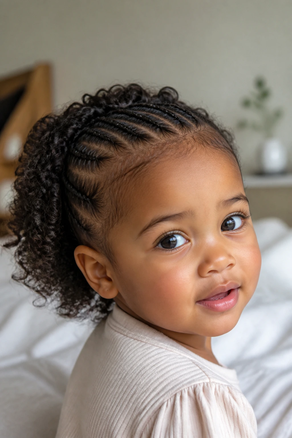 Toddler with front cornrows and curly back in a bedroom light