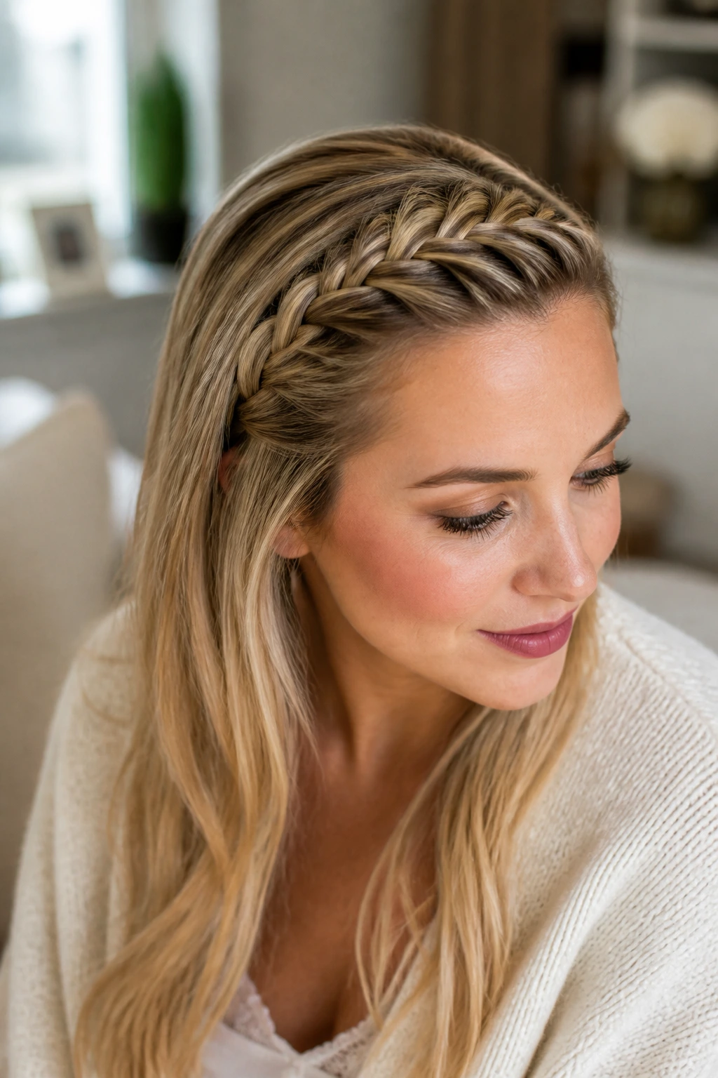 Close-up of a real woman with a front crown braid along the hairline